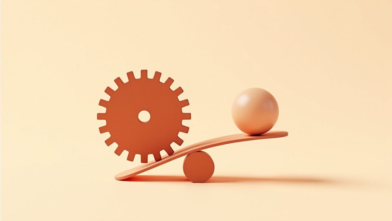 Illustration: A heavy ornate machine-shape on one side versus a light single rounded pebble-shape on the other, balanced on a…