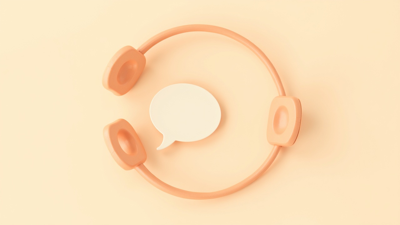 Illustration: A headset-like curved form encircling several small conversation-bubble shapes that merge into one clear answer card
