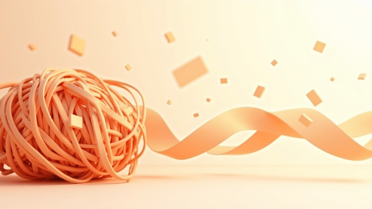 Illustration: A tangled bundle of many colored threads on the left resolving into a single clean ribbon on the right, small…