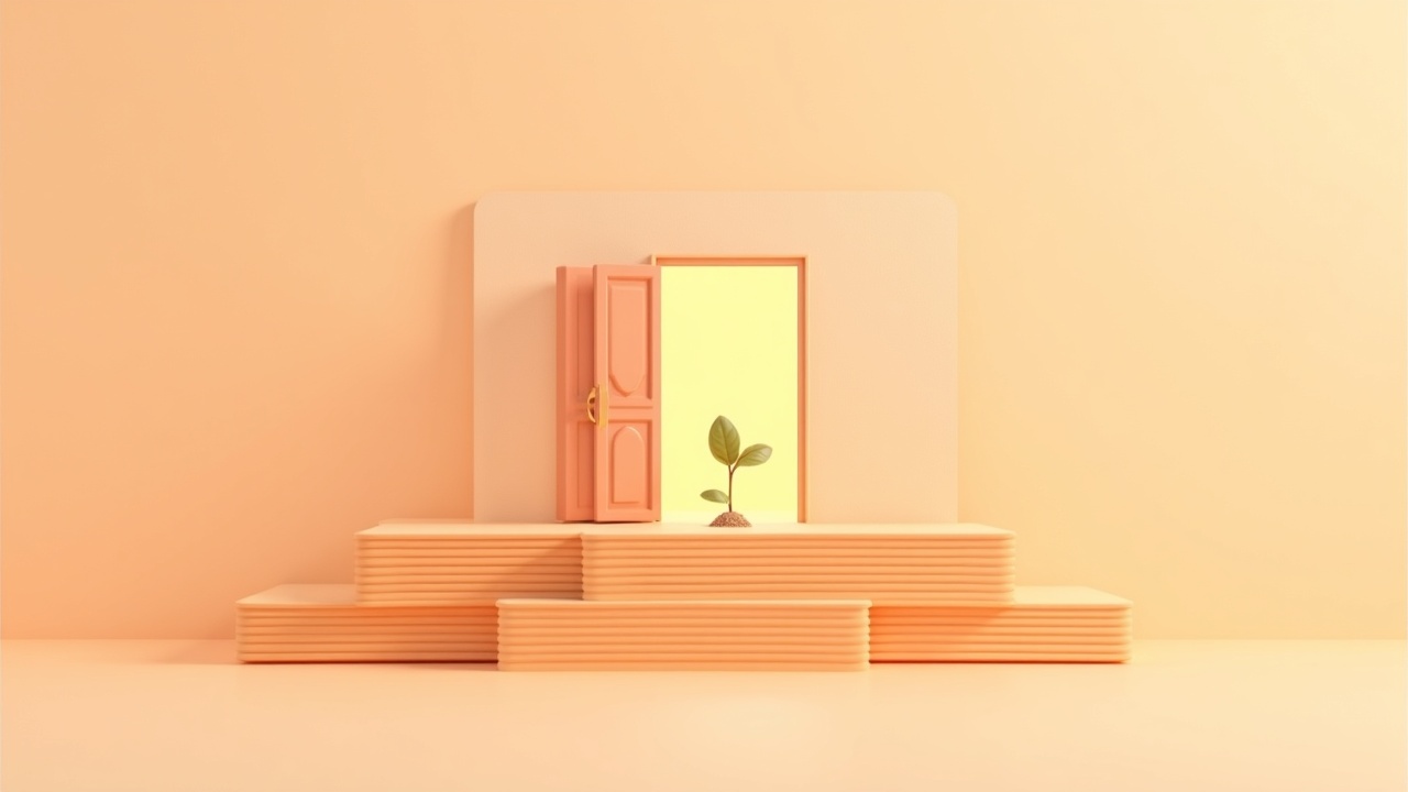 Illustration: A small sprouting seedling-shape beside an open doorway made of stacked knowledge-card layers, welcoming light…