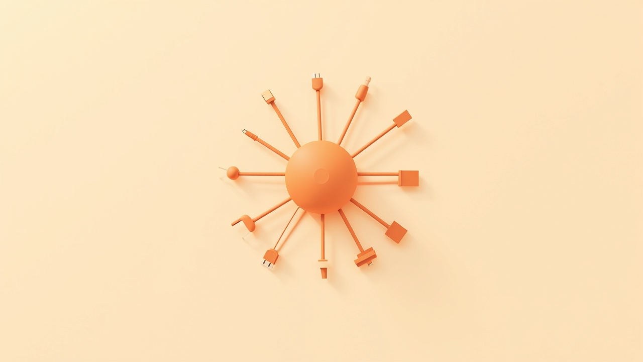 Illustration: A central rounded hub-shape with many neat spokes reaching outward to a constellation of small distinct…