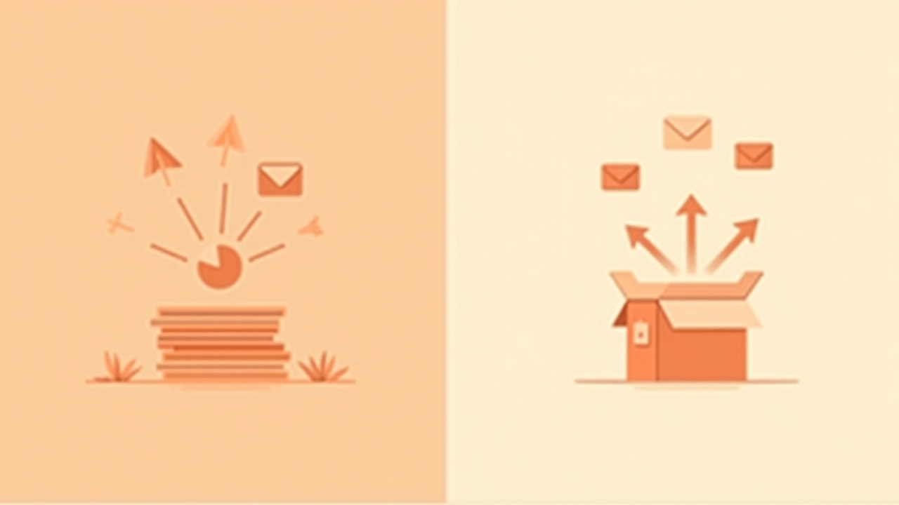Illustration: Left, a stack of layered copied cards feeding a box; right, direct arrows reaching out to distinct source shapes…
