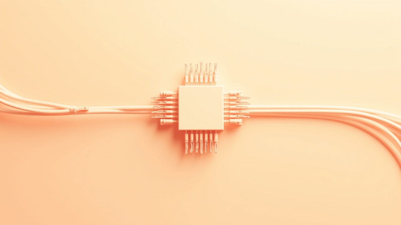Illustration: A single universal connector-shape bridging a central chip-orb to a row of varied ports, clean cable curves