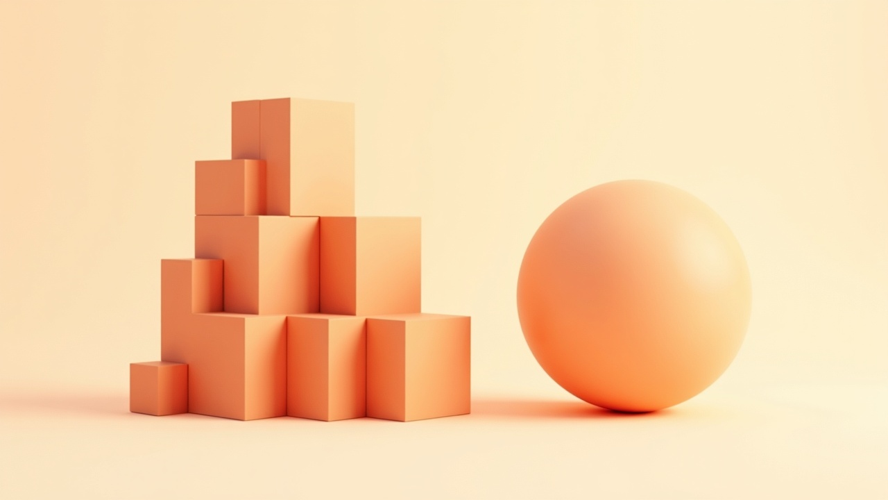 Illustration: A complex modular builder-cluster beside one clean ready-made orb