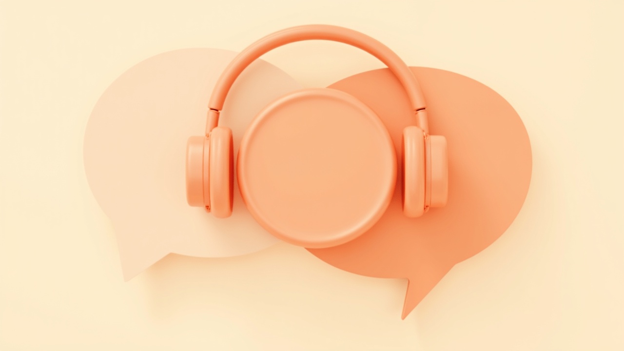 Illustration: A curved headset form encircling merging conversation bubbles that resolve into one clear card