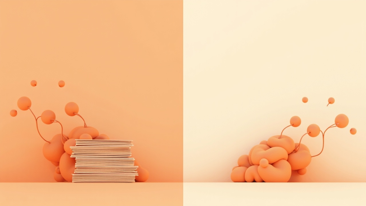 Illustration: A stack of hand-authored cards on one side versus live threads reaching into source shapes on the other
