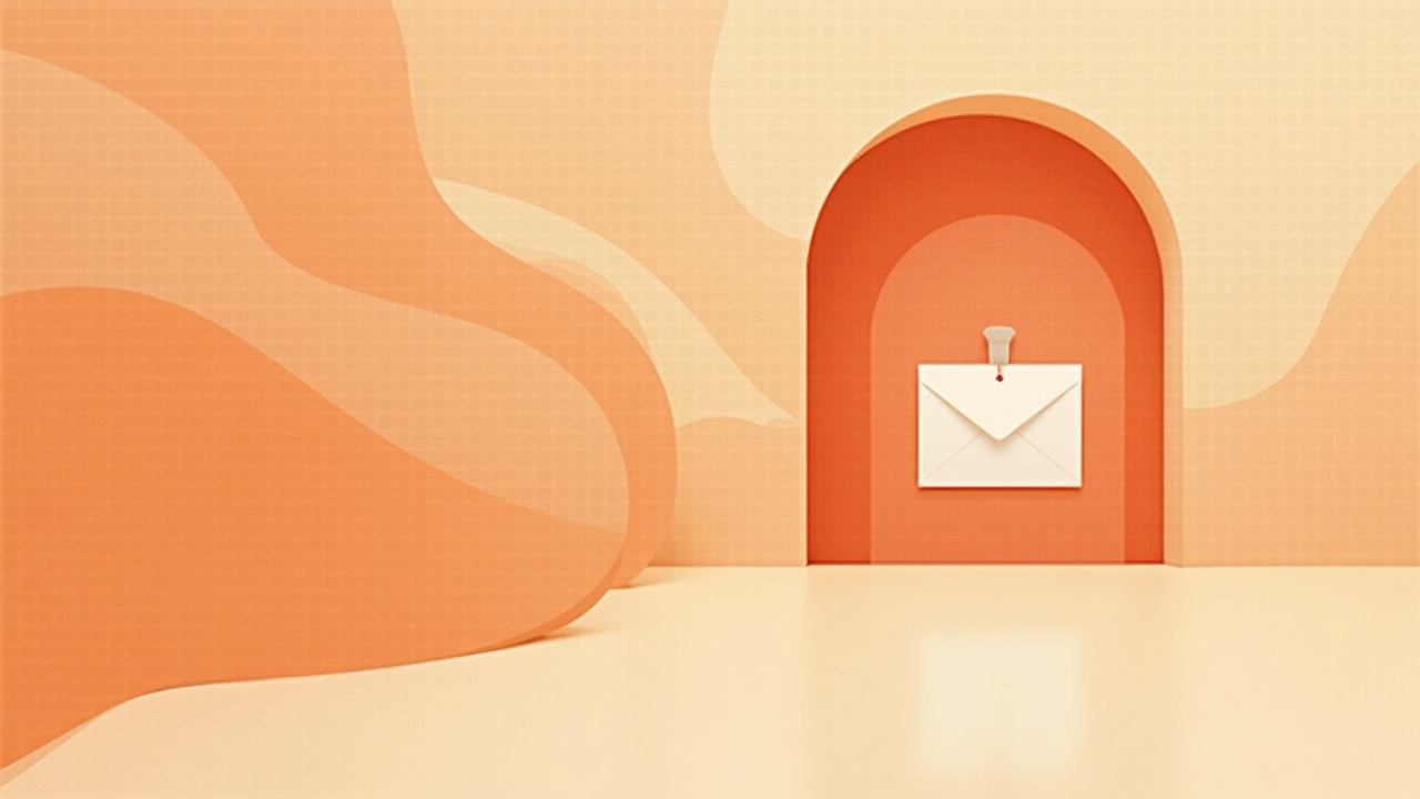 Illustration: Envelope shapes weaving into a broader mesh of tool-shapes, a single draft card held behind a soft gate