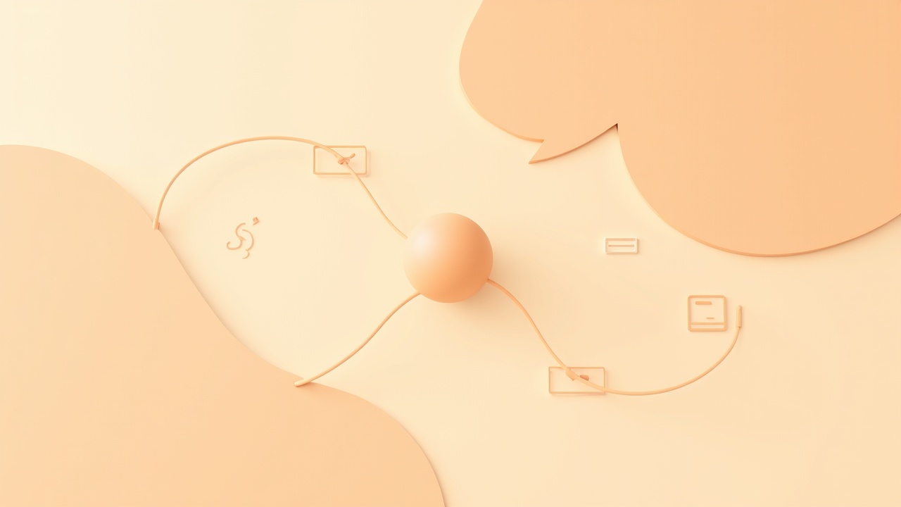 Illustration: A central contact-card orb with threads reaching to chat, mail and payment shapes, all returning one answer